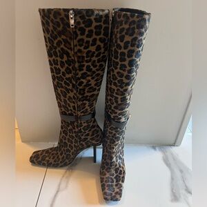 Versace Leopard Print Knee-High Stiletto Boots - Brown